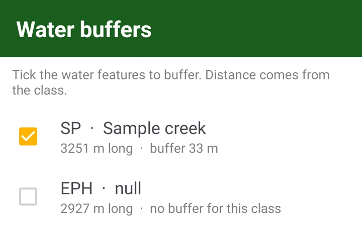 Blockline Maps water buffers: SP Sample creek, 3251 m long, buffer 33 m
