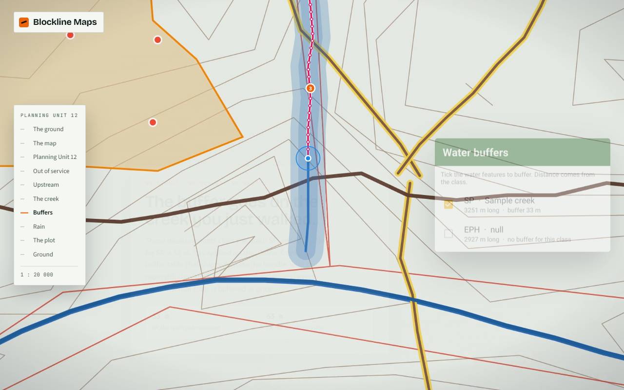 A creek streamed on the phone and buffered on the map, inside a planning unit