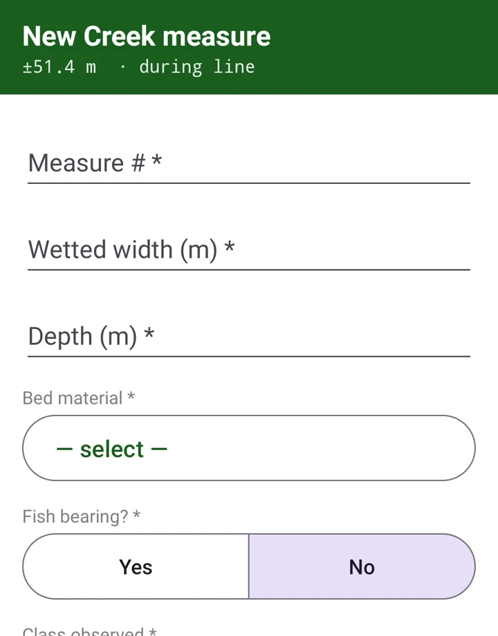 Blockline Maps: New Creek measure form, taken during a line: wetted width, depth, bed material, fish bearing and observed class